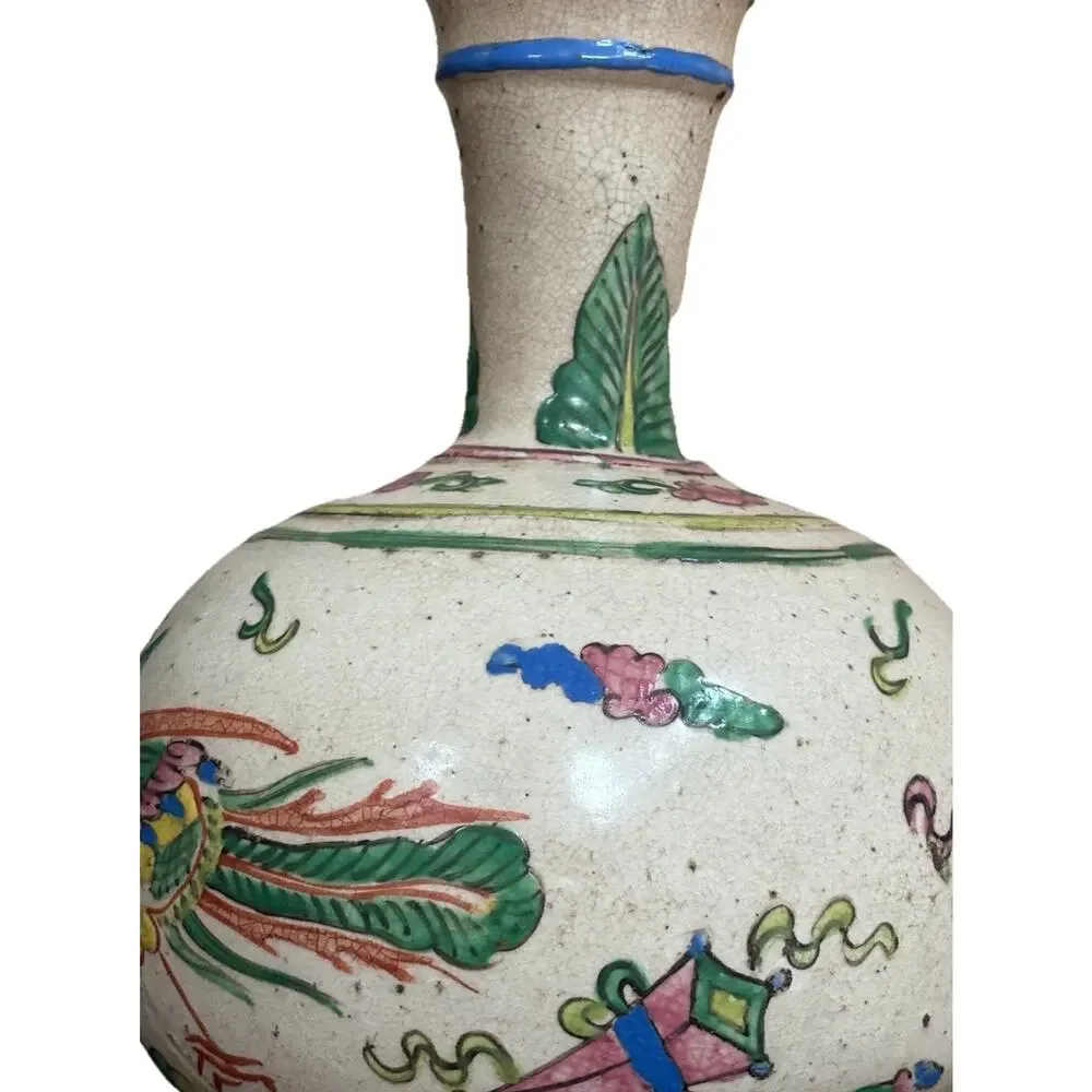 Chinese Phoenix Bottle Vase Crackle Glaze Famille Rose Style Floral Vtg Decor